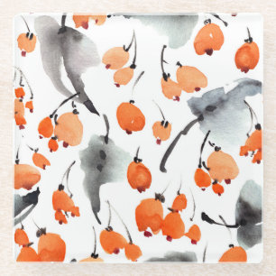 Berries, leaves watercolor, ink illustration, seam glass coaster