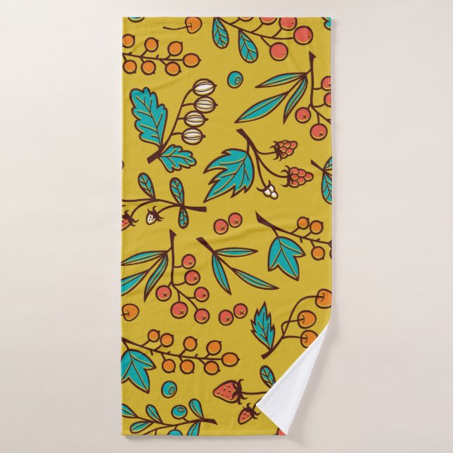 Berries on branches, seamless nature pattern. bath towel (Bath Towel)