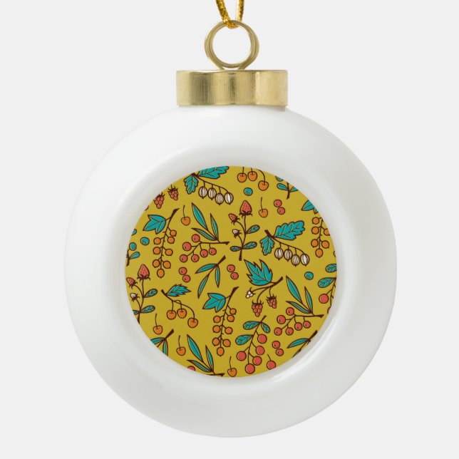 Berries on branches, seamless nature pattern. ceramic ball christmas ornament (Front)