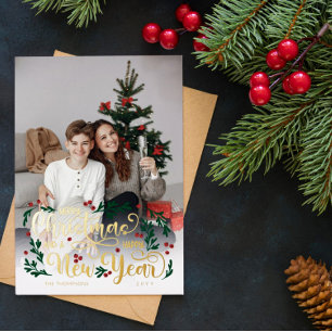 Berries Photo Merry Christmas Happy New Year Foil Holiday Card