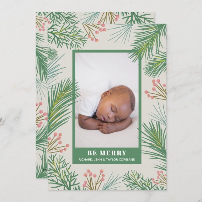 Berries Pines Holiday Photo Birth Announcements (Front/Back)