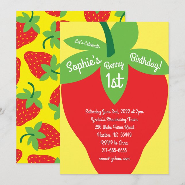 Berry 1er Anniversaire Mod Strawberry Invitations (Devant / Derrière)