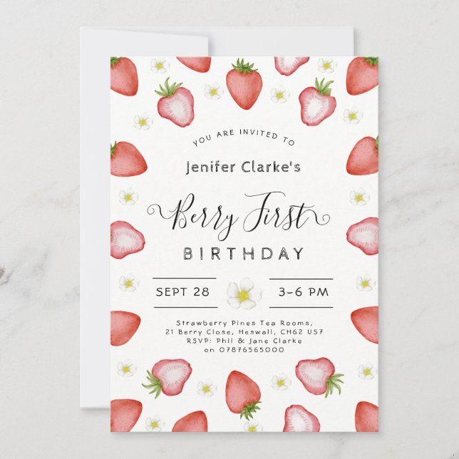Berry 1st birthday invitation, Girl first birthday Invitation (Front)
