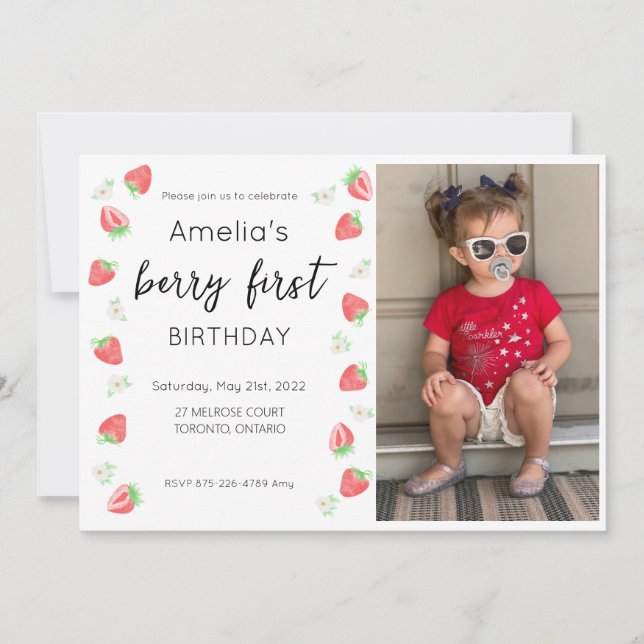 Berry 1st Birthday Photo Invitation (Front)