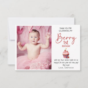 Berry 1st Birthday Pink Red Thank You Photo  Card