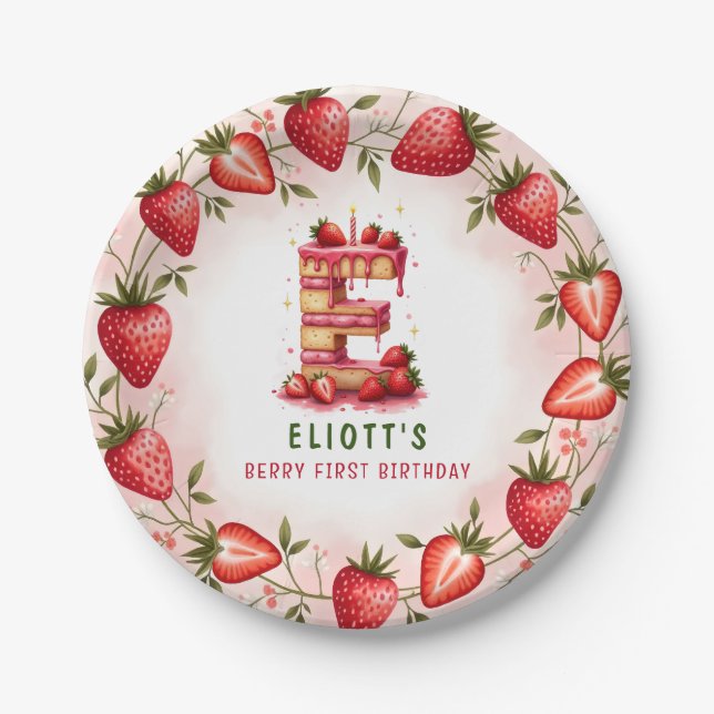 Berry 1st Birthday Plate Letter E Cake Design (Front)