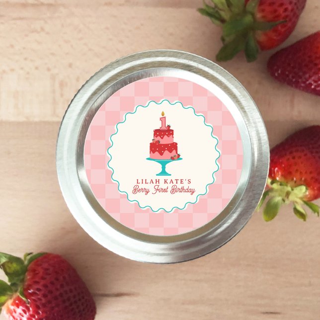 Berry 1st Birthday Strawberry Cake Chequerboard Classic Round Sticker (Creator Uploaded)