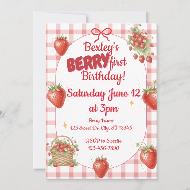 Berry 1st Birthday Watercolor Strawberry  Invitation (Front)
