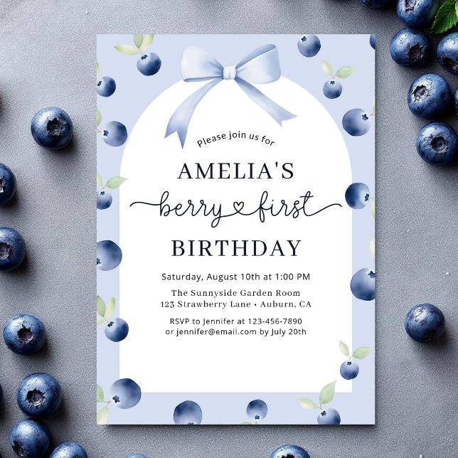 Berry 1st First Bow Blueberry Girl's Birthday Invitation (Creator Uploaded)