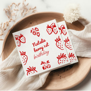 Berry 1st Hand Drawn Strawberry Girl Fun Birthday Napkin