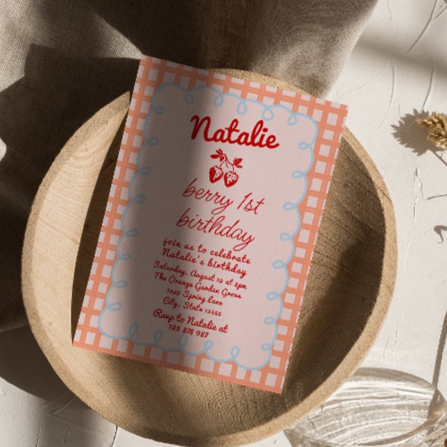 Berry 1st Hand Written Drawn Strawberry Birthday  Invitation (Creator Uploaded)