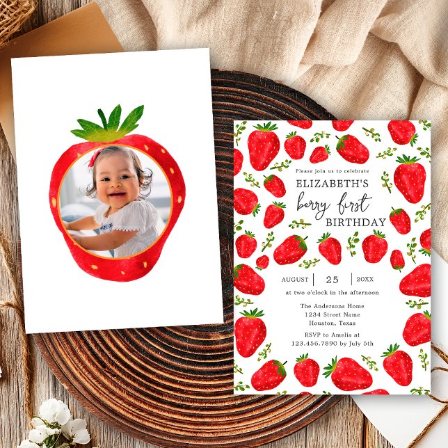 Berry 1st Red Strawberry First Birthday Photo Invitation (Creator Uploaded)