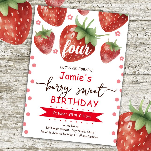 Berry 4th Birthday Watercolor  Invitation (Creator Uploaded)