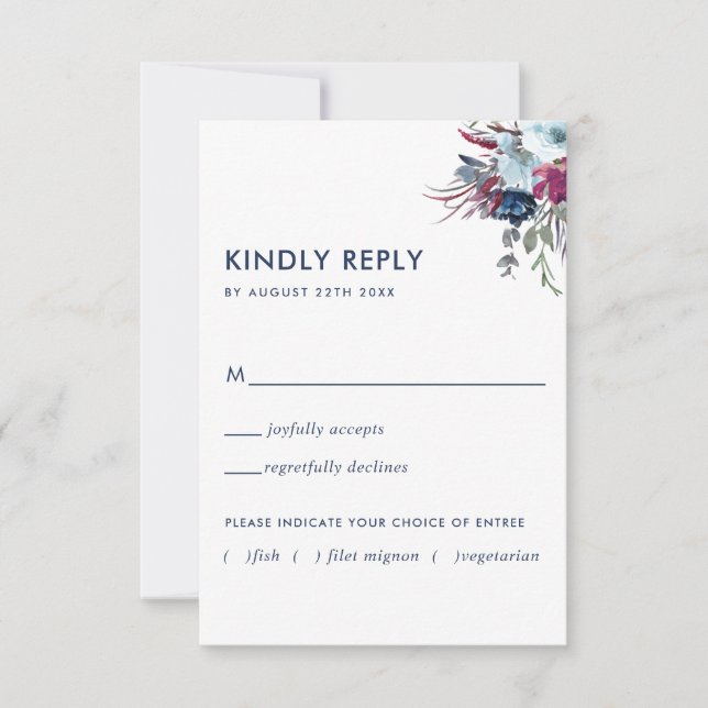 Berry and Blue Floral w/without Meal Options RSVP Card (Front)