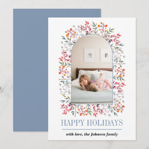 Berry and leaf arch dusty blue Christmas photo Holiday Card