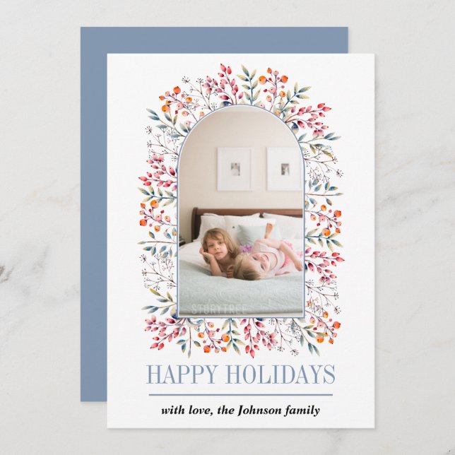 Berry and leaf arch dusty blue Christmas photo Holiday Card (Front/Back)