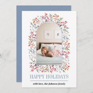 Berry and leaf arch dusty blue Christmas photo Holiday Card