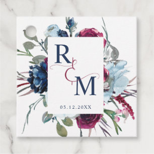 Berry, Blue and Burgundy Floral Monogram Wedding Favour Tags