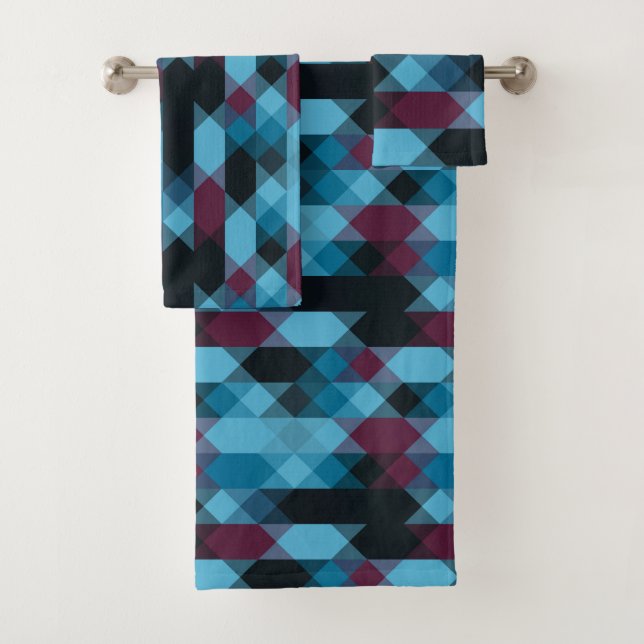 berry blue and ebony geometric bath towel set (Insitu)