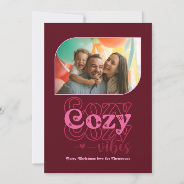 Berry Blush Cozy Vibes Only Christmas Photo Holiday Card (Front)
