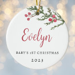 Berry Branch Baby's First Christmas Photo Ceramic Ornament<br><div class="desc">Custom-designed baby's first Christmas ornament featuring rustic watercolor red berry branch with personalized name,  year,  and photo.</div>