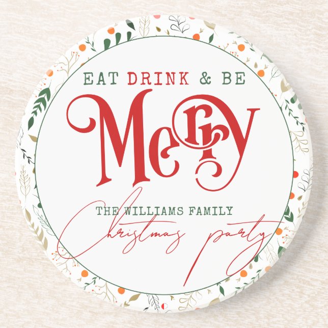 Berry Branch Eat, Drink Be Merry Christmas Party Coaster (Front)