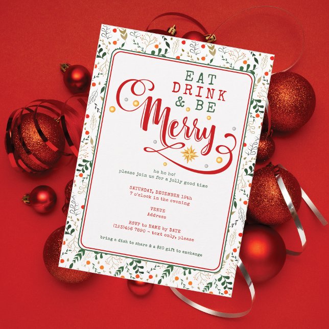 Berry Branch Eat Drink Be Merry Christmas Potluck Invitation (Berry Branch Bold Script Eat Drink Be Merry Christmas Potluck for Church Family Office Xmas Parties)