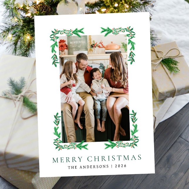 Berry Branch Frame Christmas Family 1 Photo Holiday Card (Creator Uploaded)
