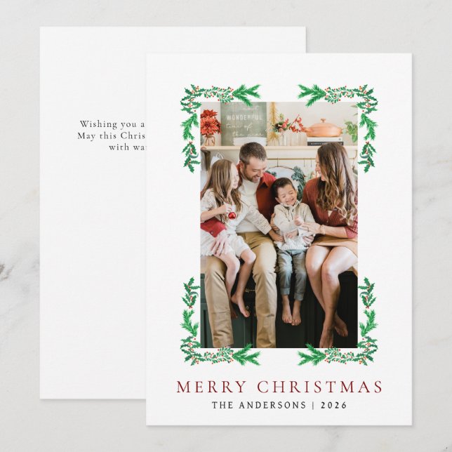Berry Branch Frame Christmas Family 1 Photo Holiday Card (Front/Back)