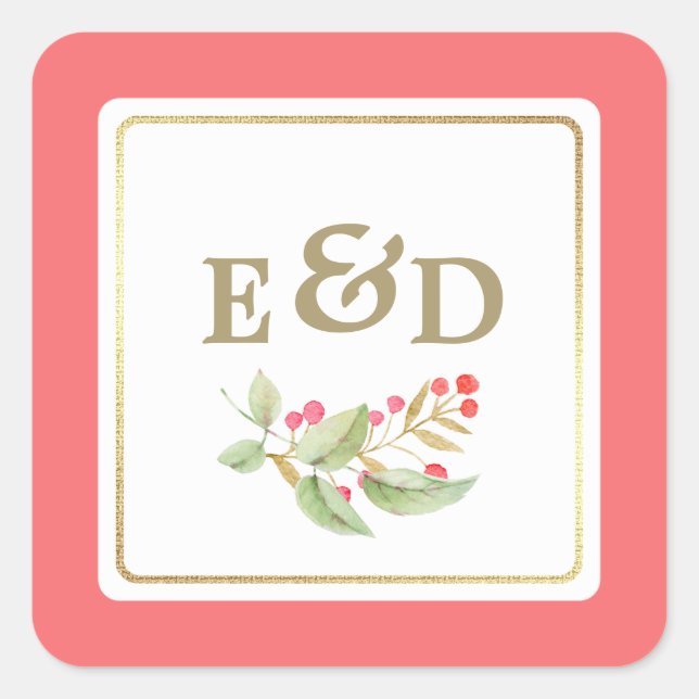 Berry Branch | Pink Coral Monogram Wedding Square Sticker (Front)