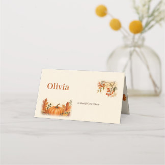 Berry Branch Watercolor Pumpkin Thanksgiving Place Card