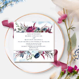 Berry Burgundy and Blue Floral  Square Wedding Inv Invitation