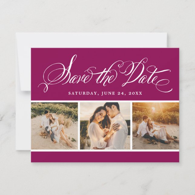 Berry Calligraphy Script Wedding Photo Collage Save The Date (Front)