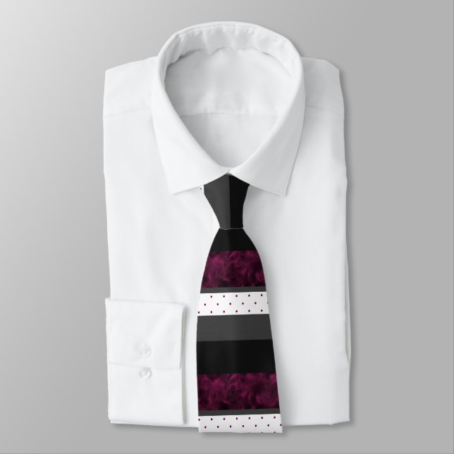 Berry Charcoal Black Polka Dot Block Stripes Tie (Tied)