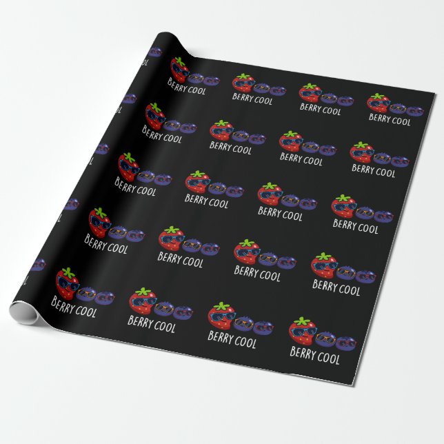 Berry Cool Funny Strawberry Blueberry Pun Dark BG Wrapping Paper (Unrolled)