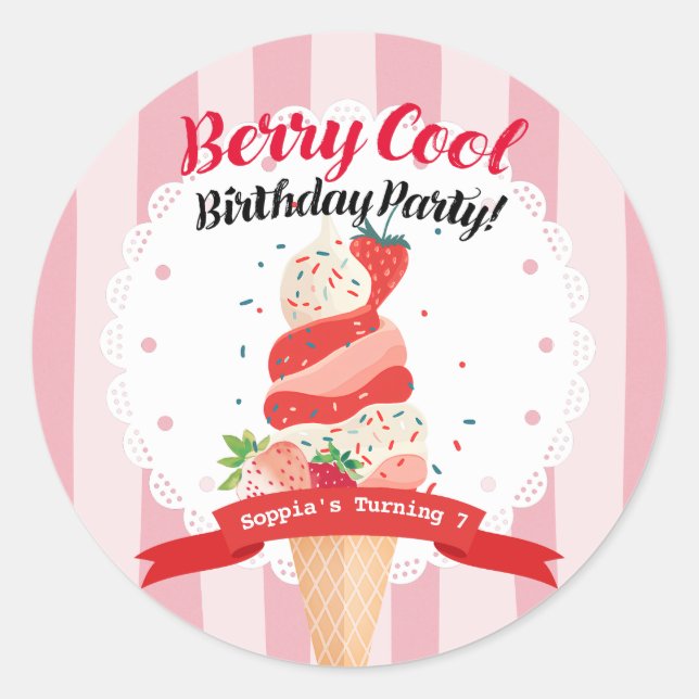 Berry Cool Strawberry Ice Cream Birthday Classic Round Sticker (Front)