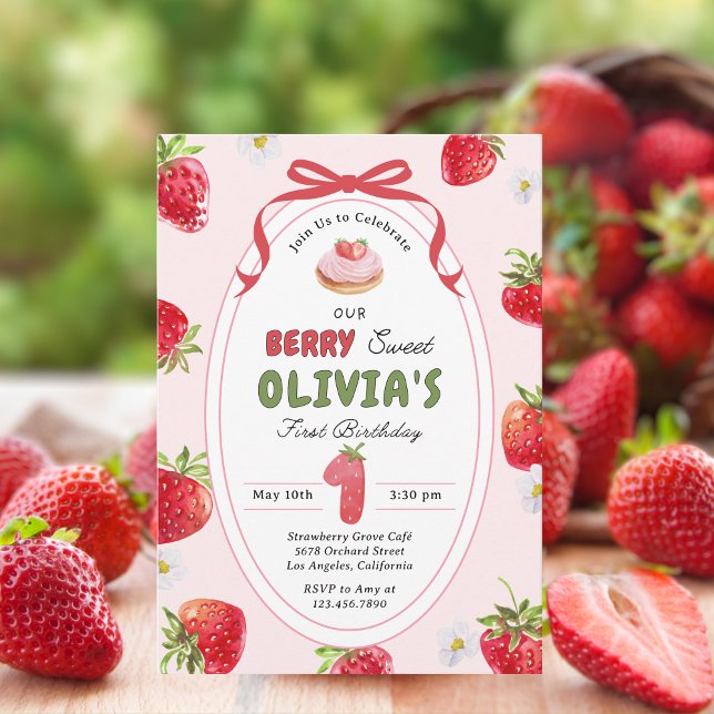 Berry Cute Bash Strawberry 1st Birthday Invitation (Creator Uploaded)