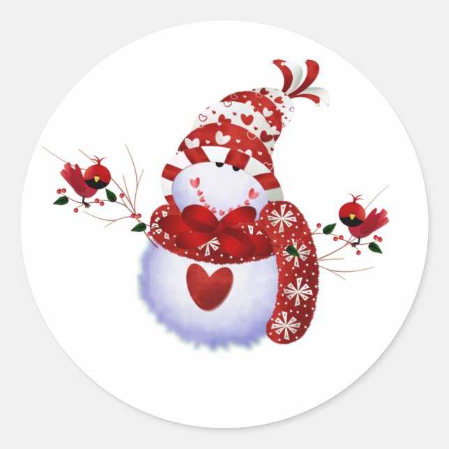 Berry Cute Snowman and Cardinals Classic Round Sticker (Front)