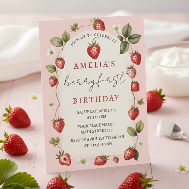 Berry Cute Strawberry First Birthday Celebration Invitation (Creator Uploaded)