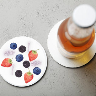 Berry First 1st Birthday Mixed Berry Pattern Round Paper Coaster