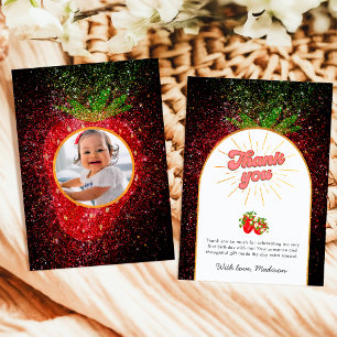 Berry First 1st Birthday Photo Strawberry Glitter Thank You Card