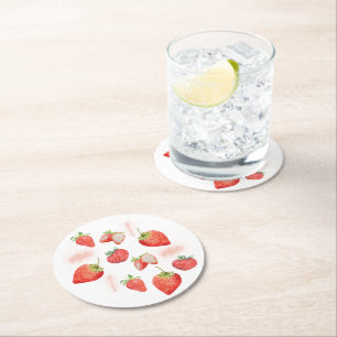 Berry First   1st Birthday   Strawberry   Pattern Round Paper Coaster