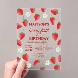 Berry First 1st Birthday Strawberry Turning One Acrylic Invitations