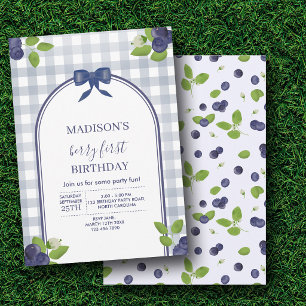 Berry First 1st One Birthday Blueberry Kids Plaid Invitation