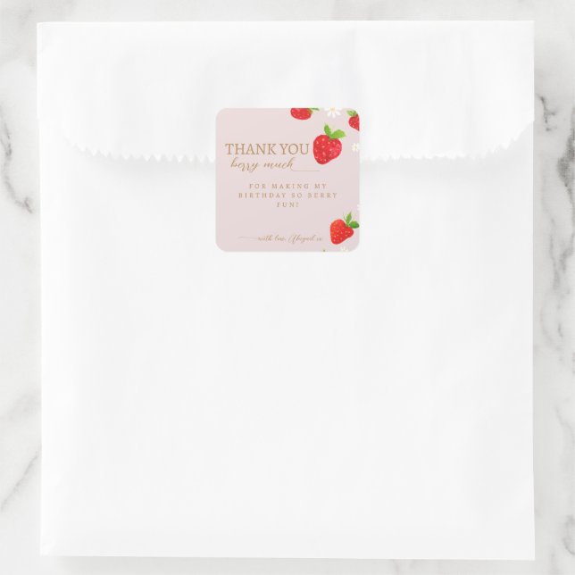 Berry First 1st Strawberry Birthday Thank you Square Sticker (Bag)