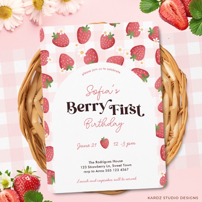 Berry First Birthday 1st Birthday Invitation (Invite shown in 5 x 7 inches size with rounded corners. Personalize size, paper and, corner style)