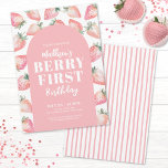 Berry First Birthday 1st Birthday Party Invitation<br><div class="desc">A cute and girly 'Berry First' 1st birthday theme featuring watercolor pink strawberries with green leaves. A cute white handwriting script typography mixed with a bold serif font as well as a simple font on a blush pink arch. You can change the font colours out to whatever you'd like. You...</div>