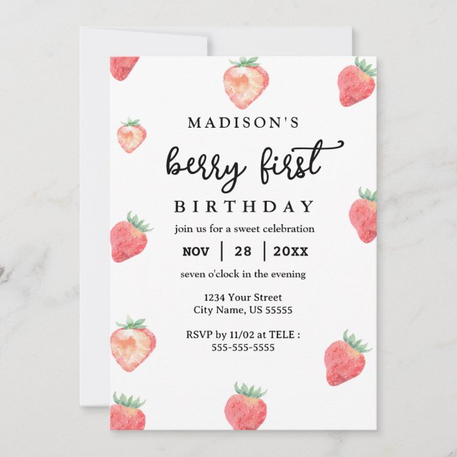 Berry First Birthday 1st Birthday Pink Strawberry Invitation (Front)