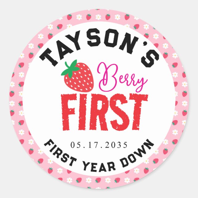 Berry First Birthday 1st Birthday Strawberry Classic Round Sticker (Front)