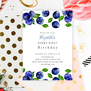 Berry First Birthday Blueberry Watercolor Elegant Invitation